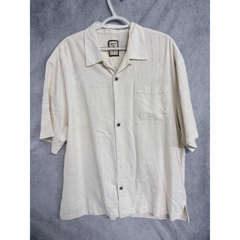 Jamaica Jaxx Mens XL Silk Jacquard Camp Shirt Cream Tropical Pineapple Hibiscus